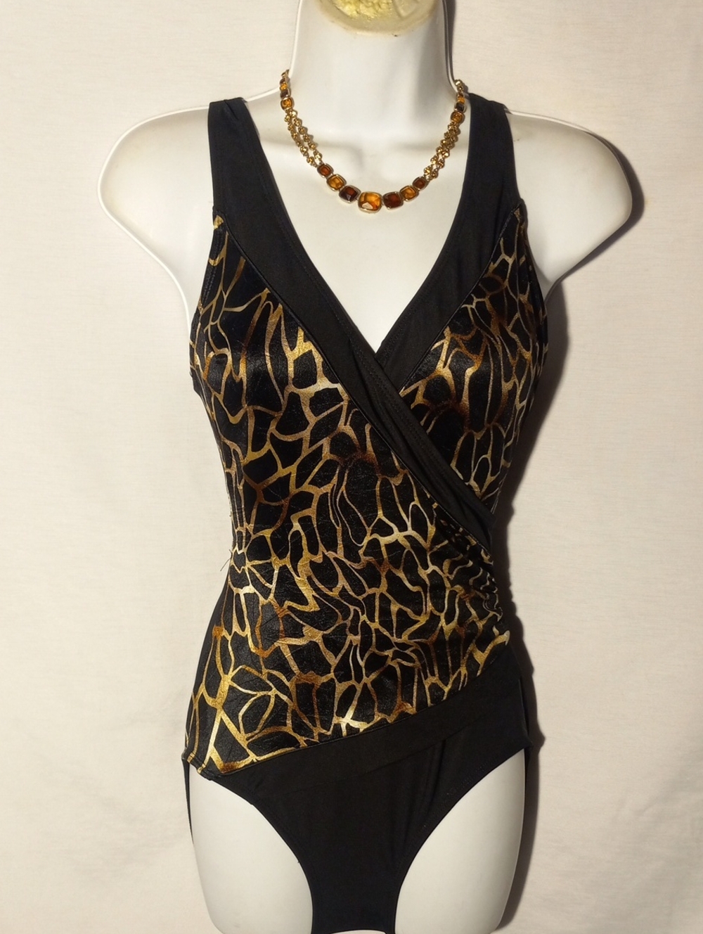 Longitude Black and Gold Animal-Print Wrap Bodysuit Longitude